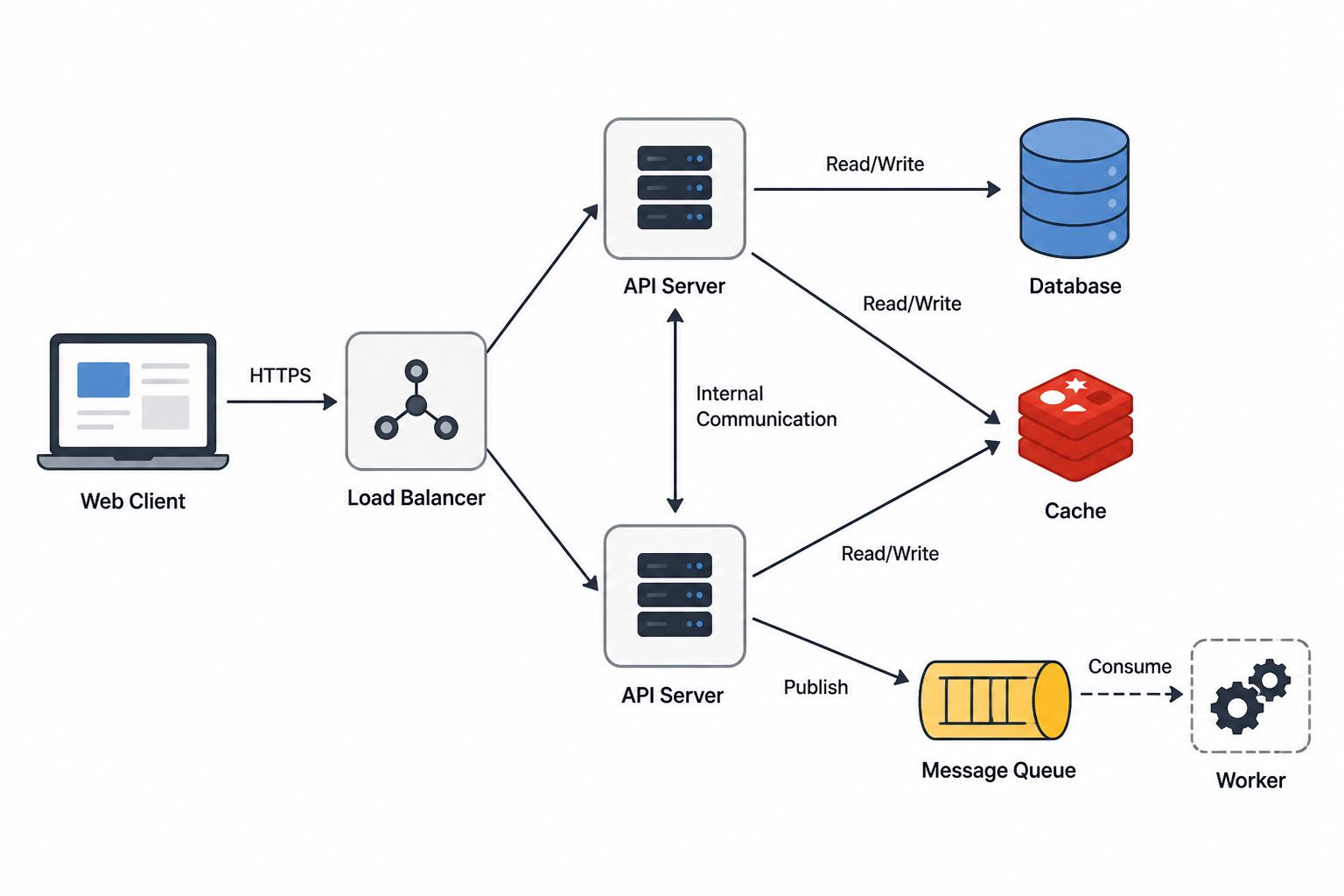 Diagram of a low level system design with client, load balancer, API server, cache, queue, and database connected by arrows.